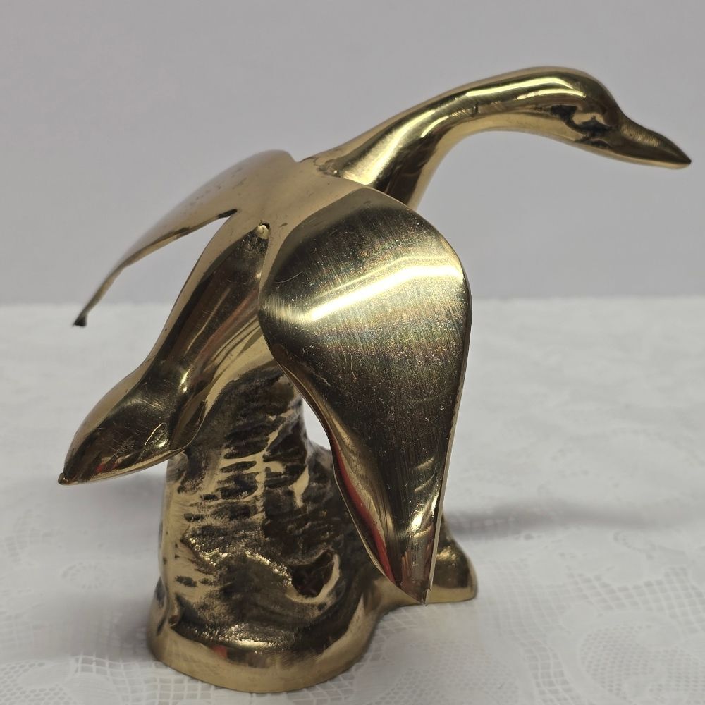Vintage MCM Brass Flying Goose Duck Figurine Mantel Decor 5.5"